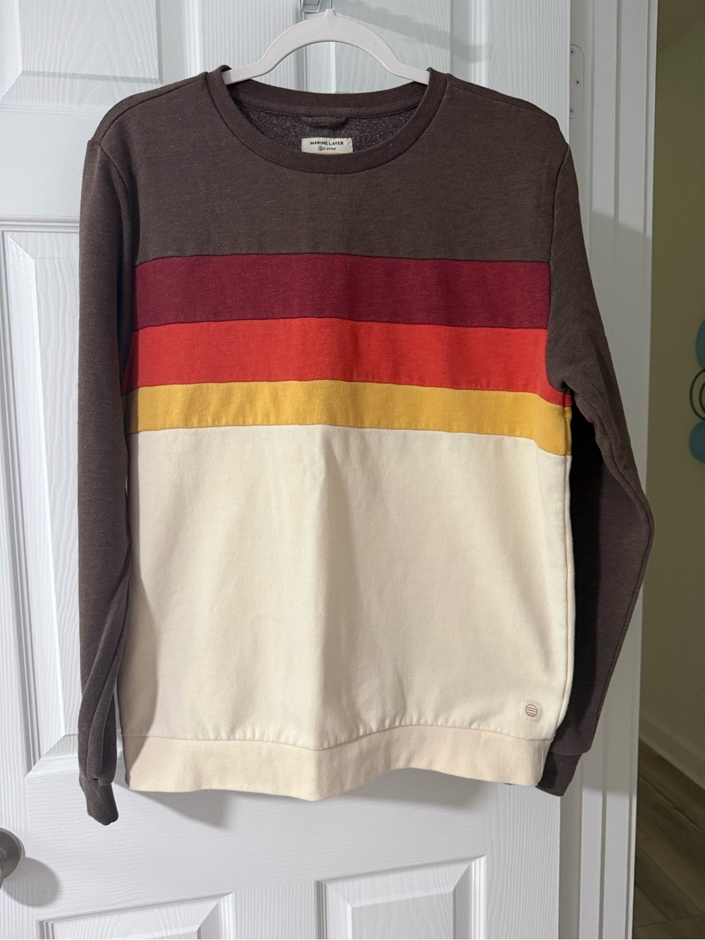 Marine Layer Men's Striped Crewneck Sweater - Brown/Red/Orange/Yellow/Cream